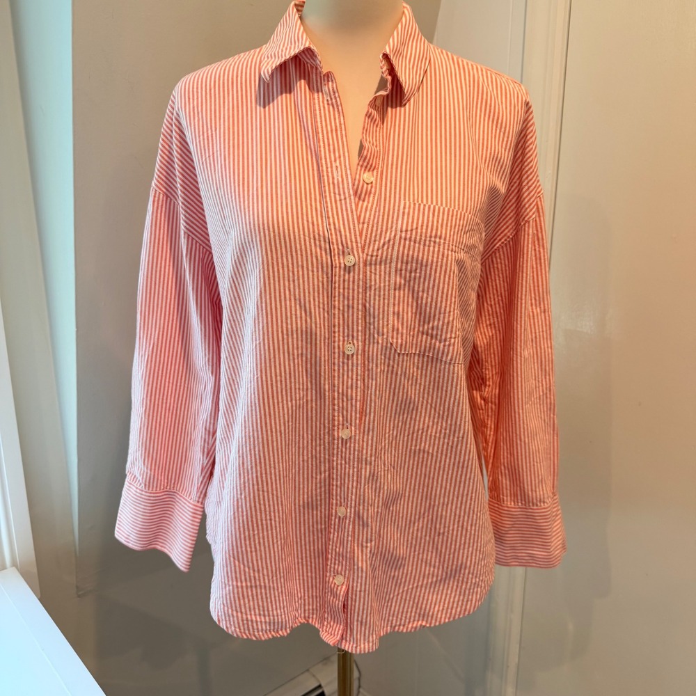 Zara Pink/White Striped Oversized Button Down Shirt Preppy Coastal | Size S